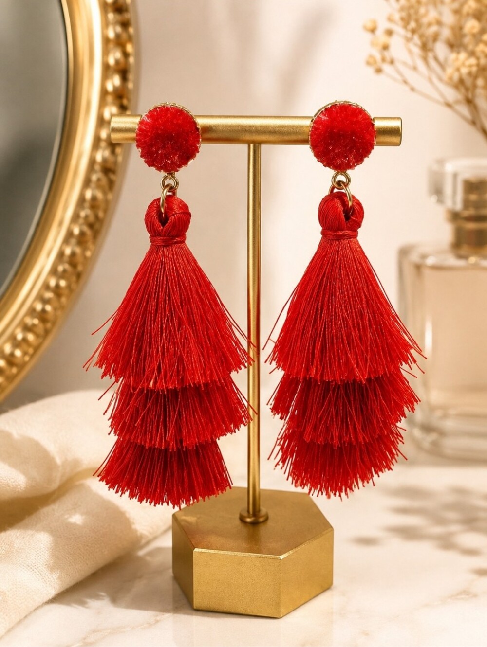 Red Triple-Layer Tassel Statement Earrings | 3.5” Long | Boutique